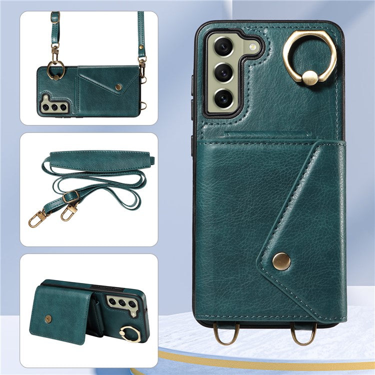 002 For Samsung Galaxy S21 FE 5G Card Bag Ring Kickstand Cover Litchi Texture Leather Coated TPU Anti-fall Phone Case with Shoulder Strap - Green