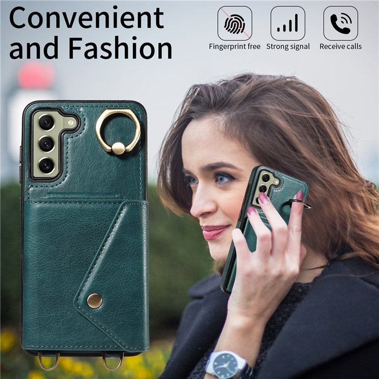 002 For Samsung Galaxy S21 FE 5G Card Bag Ring Kickstand Cover Litchi Texture Leather Coated TPU Anti-fall Phone Case with Shoulder Strap - Green