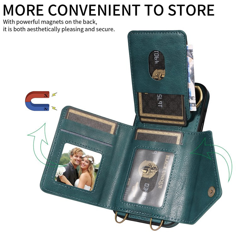 002 For Samsung Galaxy S21 FE 5G Card Bag Ring Kickstand Cover Litchi Texture Leather Coated TPU Anti-fall Phone Case with Shoulder Strap - Green