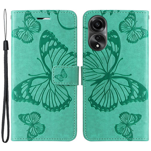 KT Imprinting Flower Series-2 Leather Case for Oppo A78 4G , Wallet Stand Imprinted Butterfly Phone Cover - Green