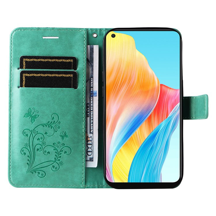 KT Imprinting Flower Series-2 Leather Case for Oppo A78 4G , Wallet Stand Imprinted Butterfly Phone Cover - Green