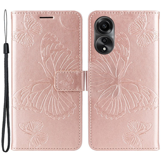 KT Imprinting Flower Series-2 Leather Case for Oppo A78 4G , Wallet Stand Imprinted Butterfly Phone Cover - Rose Gold