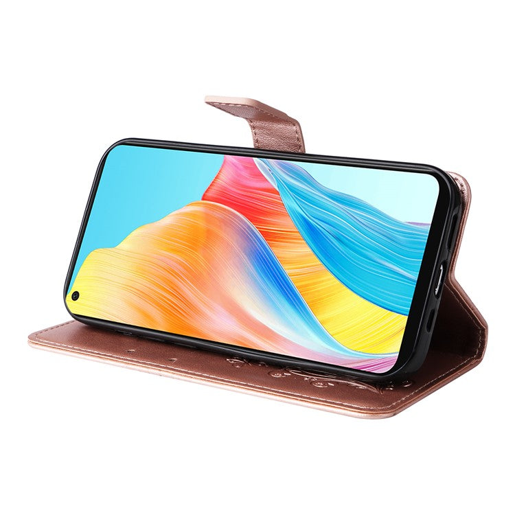 KT Imprinting Flower Series-2 Leather Case for Oppo A78 4G , Wallet Stand Imprinted Butterfly Phone Cover - Rose Gold