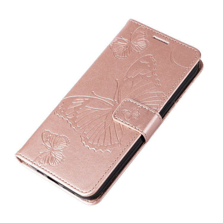 KT Imprinting Flower Series-2 Leather Case for Oppo A78 4G , Wallet Stand Imprinted Butterfly Phone Cover - Rose Gold