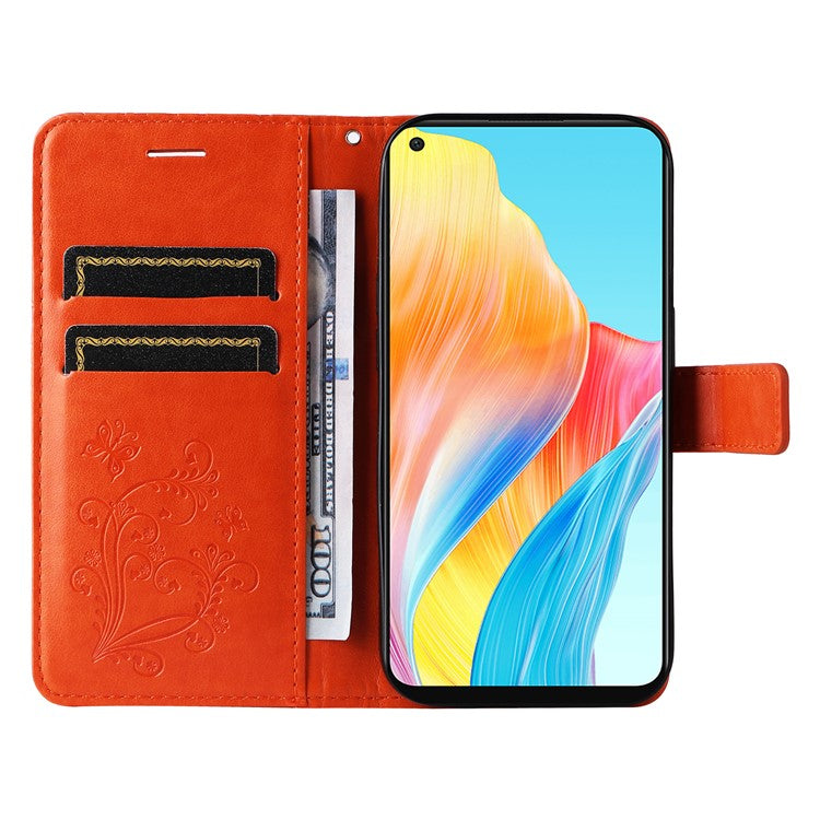 KT Imprinting Flower Series-2 Leather Case for Oppo A78 4G , Wallet Stand Imprinted Butterfly Phone Cover - Orange