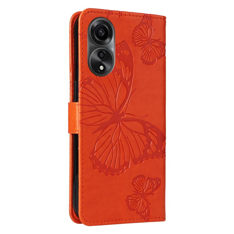 KT Imprinting Flower Series-2 Leather Case for Oppo A78 4G , Wallet Stand Imprinted Butterfly Phone Cover - Orange