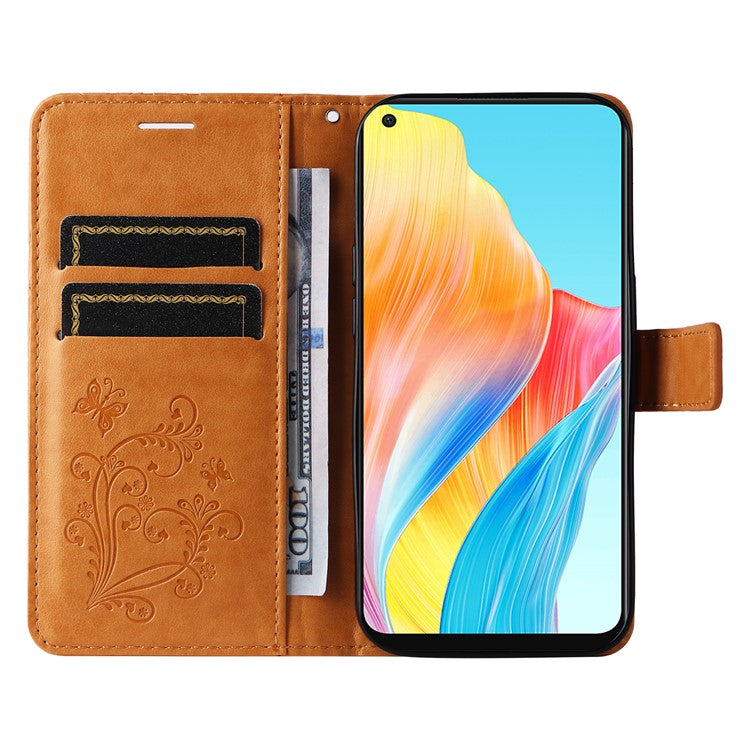 KT Imprinting Flower Series-2 Leather Case for Oppo A78 4G , Wallet Stand Imprinted Butterfly Phone Cover - Yellow