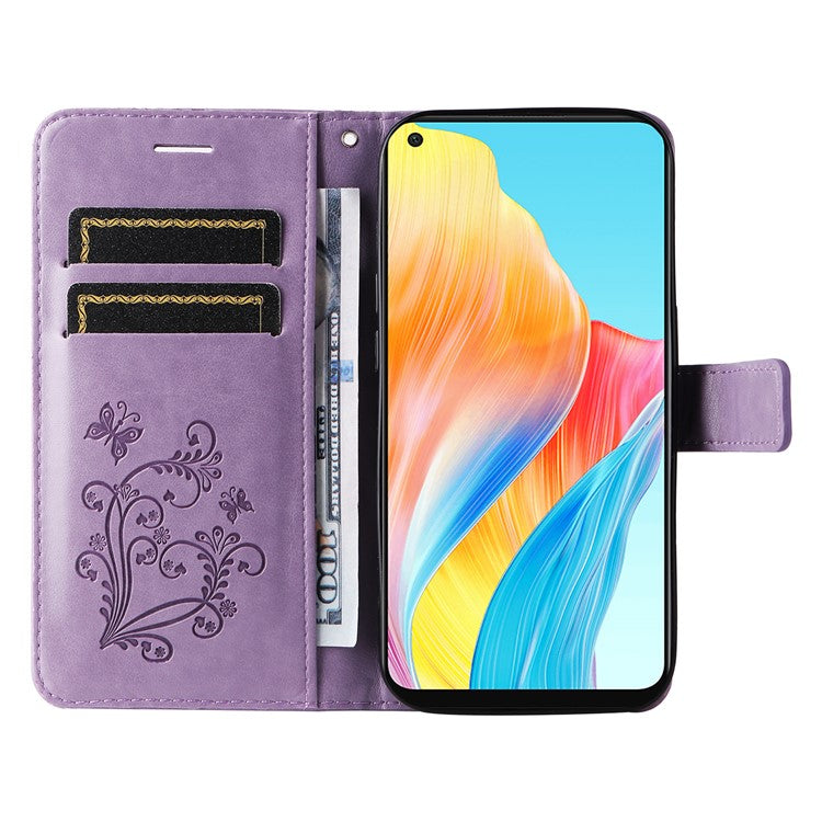 KT Imprinting Flower Series-2 Leather Case for Oppo A78 4G , Wallet Stand Imprinted Butterfly Phone Cover - Purple