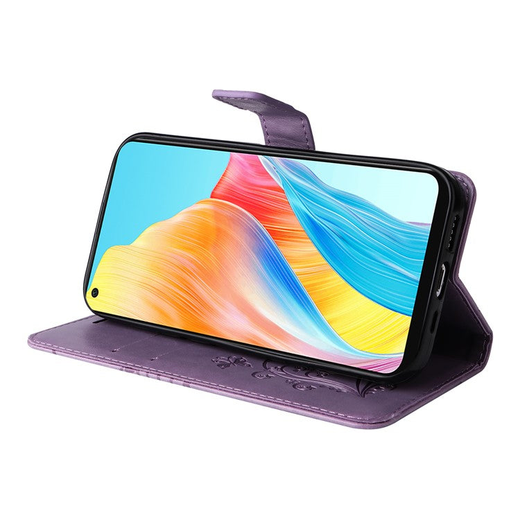KT Imprinting Flower Series-2 Leather Case for Oppo A78 4G , Wallet Stand Imprinted Butterfly Phone Cover - Purple