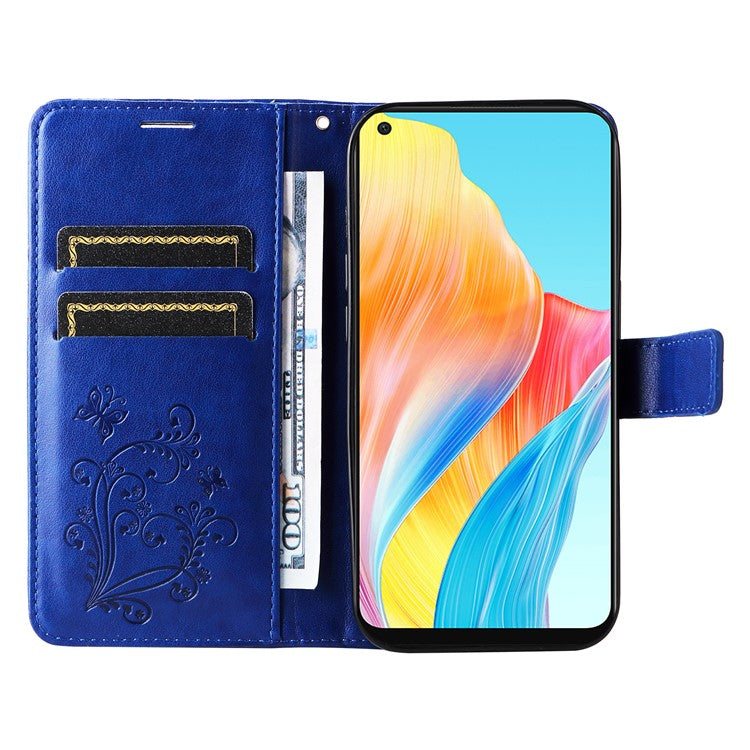 KT Imprinting Flower Series-2 Leather Case for Oppo A78 4G , Wallet Stand Imprinted Butterfly Phone Cover - Blue