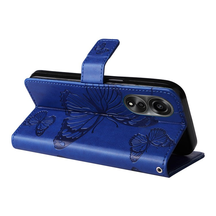 KT Imprinting Flower Series-2 Leather Case for Oppo A78 4G , Wallet Stand Imprinted Butterfly Phone Cover - Blue