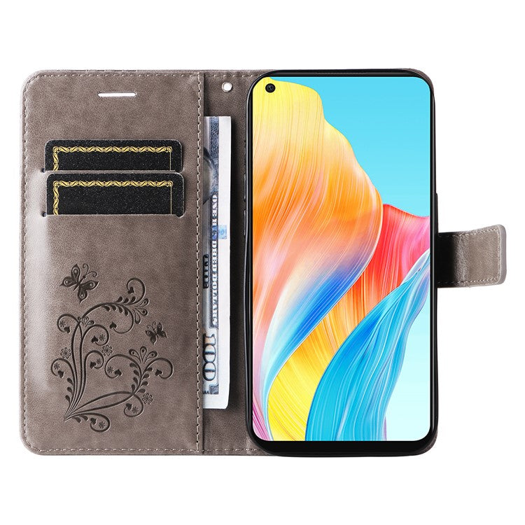 KT Imprinting Flower Series-2 Leather Case for Oppo A78 4G , Wallet Stand Imprinted Butterfly Phone Cover - Grey