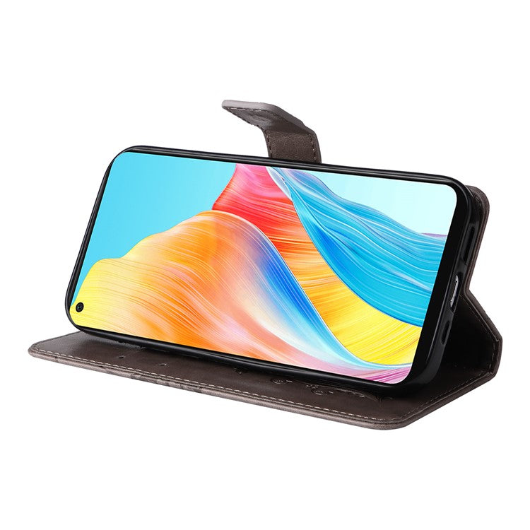 KT Imprinting Flower Series-2 Leather Case for Oppo A78 4G , Wallet Stand Imprinted Butterfly Phone Cover - Grey