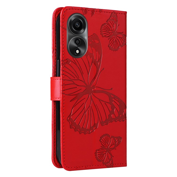 KT Imprinting Flower Series-2 Leather Case for Oppo A78 4G , Wallet Stand Imprinted Butterfly Phone Cover - Red