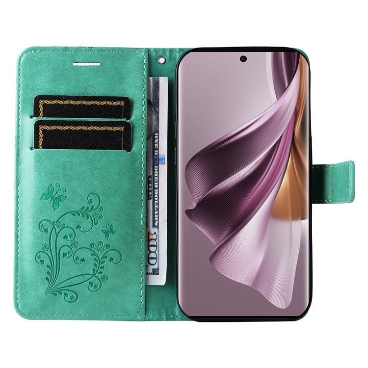 KT Imprinting Flower Series-2 For Oppo Reno10 5G (Global) / Reno10 Pro 5G (Global) Wallet Phone Case Imprinted Butterfly Leather Stand Cover - Green
