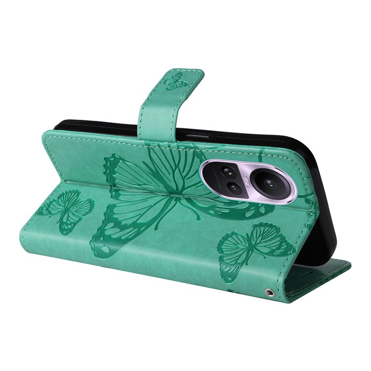 KT Imprinting Flower Series-2 For Oppo Reno10 5G (Global) / Reno10 Pro 5G (Global) Wallet Phone Case Imprinted Butterfly Leather Stand Cover - Green