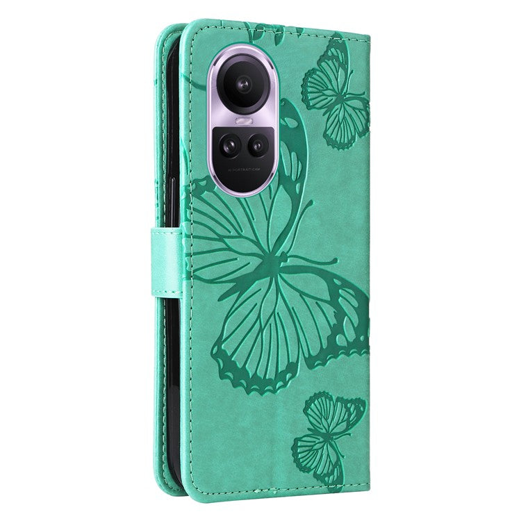 KT Imprinting Flower Series-2 For Oppo Reno10 5G (Global) / Reno10 Pro 5G (Global) Wallet Phone Case Imprinted Butterfly Leather Stand Cover - Green