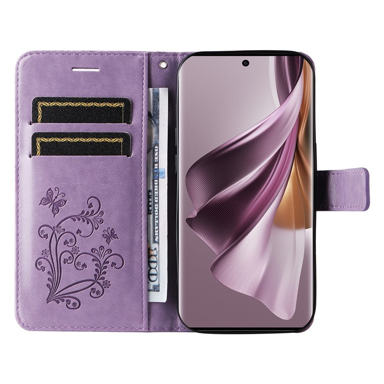KT Imprinting Flower Series-2 For Oppo Reno10 5G (Global) / Reno10 Pro 5G (Global) Wallet Phone Case Imprinted Butterfly Leather Stand Cover - Purple