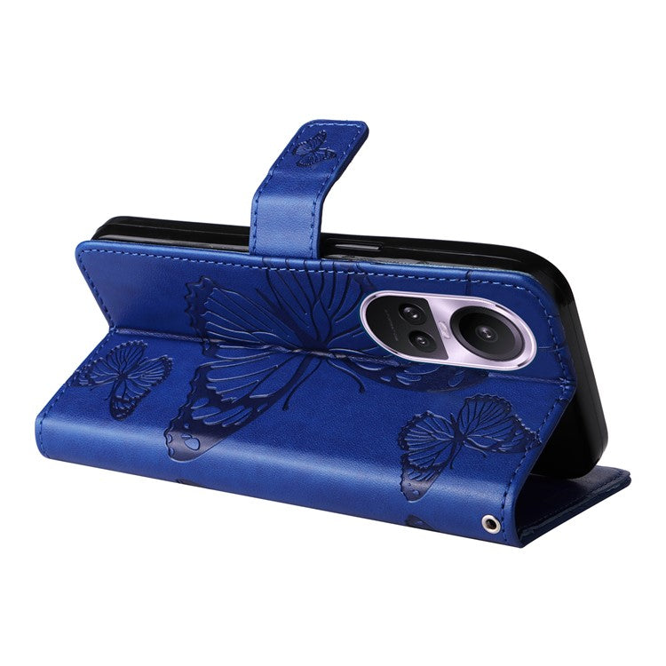 KT Imprinting Flower Series-2 For Oppo Reno10 5G (Global) / Reno10 Pro 5G (Global) Wallet Phone Case Imprinted Butterfly Leather Stand Cover - Blue