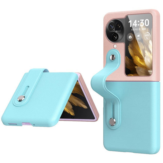 PU+PC Phone Case for Oppo Find N3 Flip 5G Dual Color Design Wristband Kickstand Phone Cover - Baby Blue+Pink