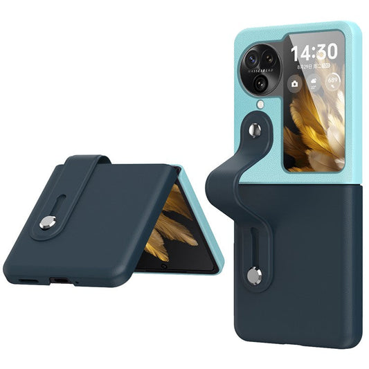 PU+PC Phone Case for Oppo Find N3 Flip 5G Dual Color Design Wristband Kickstand Phone Cover - Dark Blue+Baby Blue