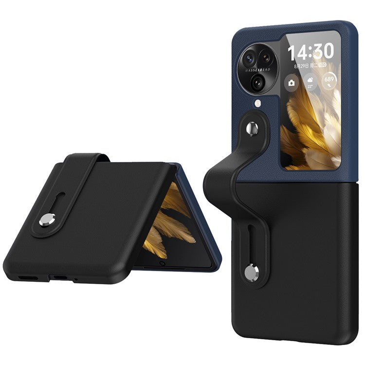 PU+PC Phone Case for Oppo Find N3 Flip 5G Dual Color Design Wristband Kickstand Phone Cover - Black+Navy Blue