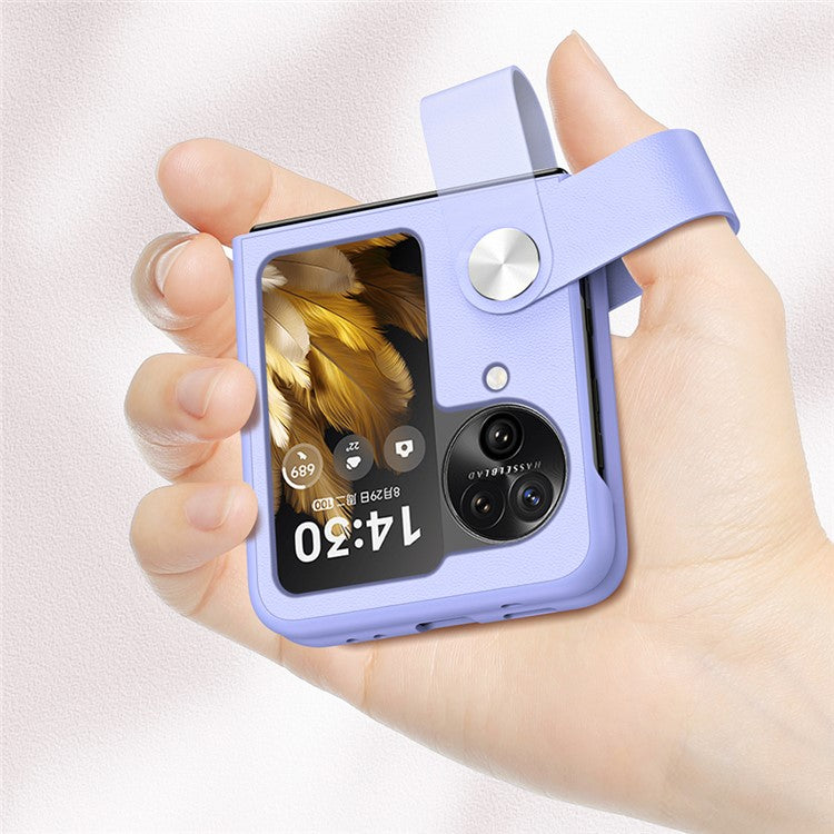 Shockproof PU+PC Slim Case for Oppo Find N3 Flip 5G Finger Strap Kickstand Phone Cover - Black