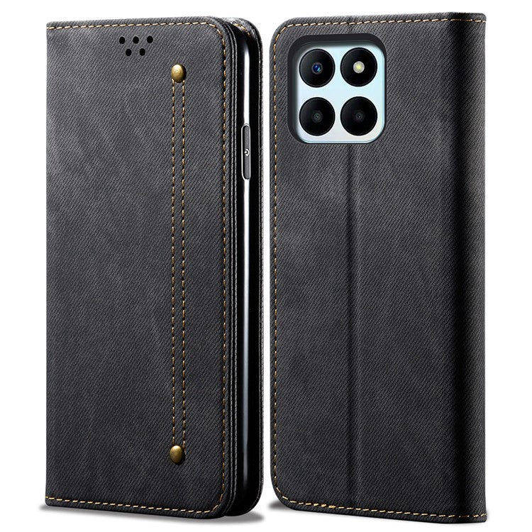 Wallet Case for Honor X8 5G / X6 4G / X6s 4G / 70 Lite 5G / Play 30M Jeans Cloth Texture Stand Leather Phone Cover - Black