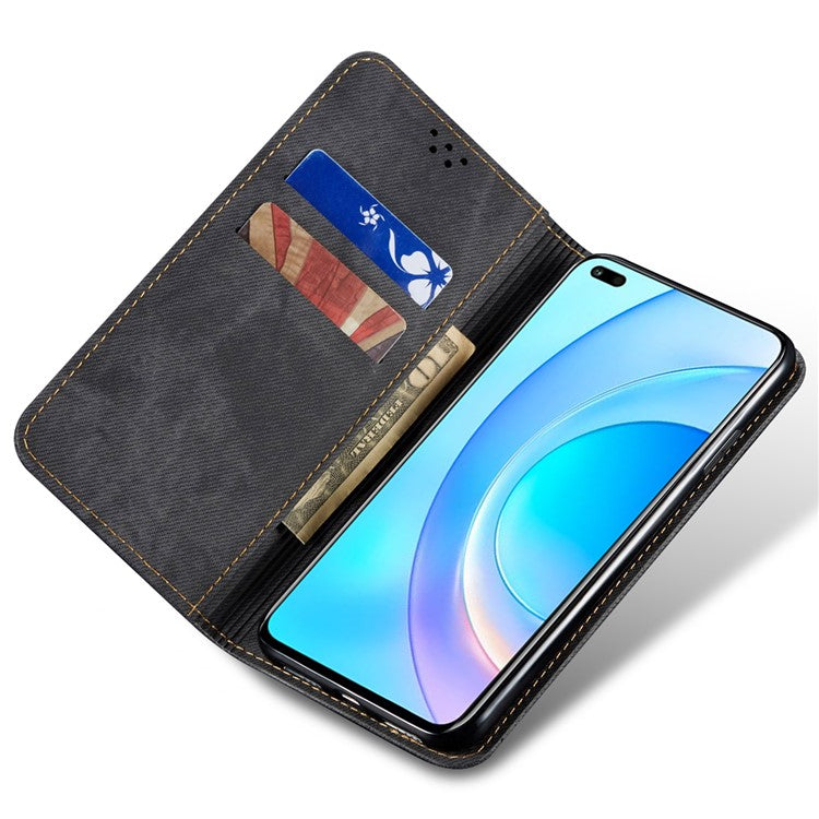 Wallet Case for Honor X8 5G / X6 4G / X6s 4G / 70 Lite 5G / Play 30M Jeans Cloth Texture Stand Leather Phone Cover - Black