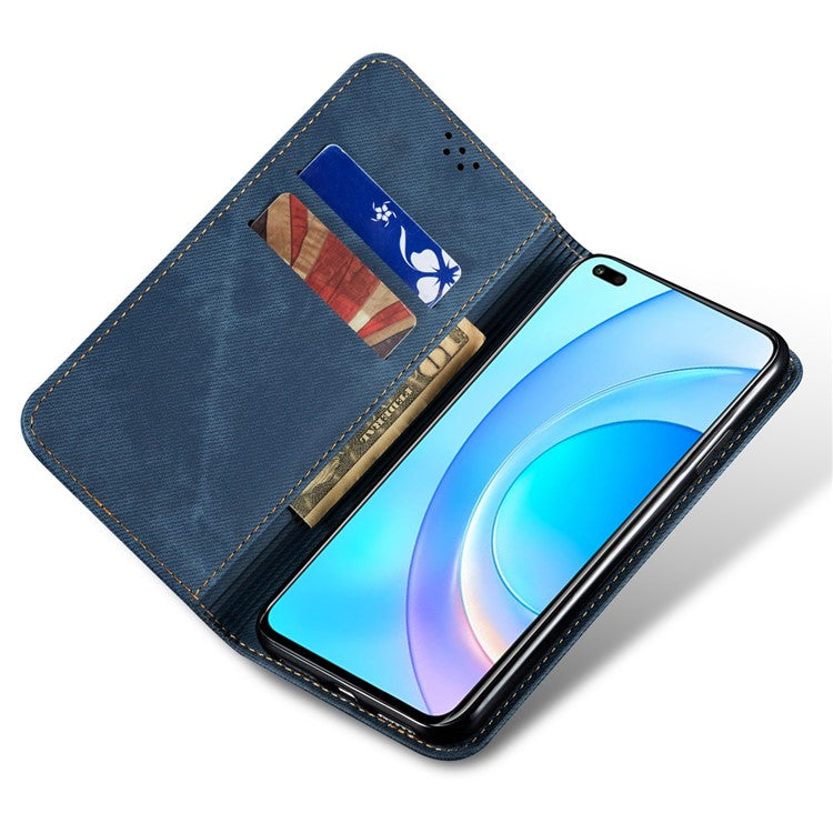 Wallet Case for Honor X8 5G / X6 4G / X6s 4G / 70 Lite 5G / Play 30M Jeans Cloth Texture Stand Leather Phone Cover - Blue