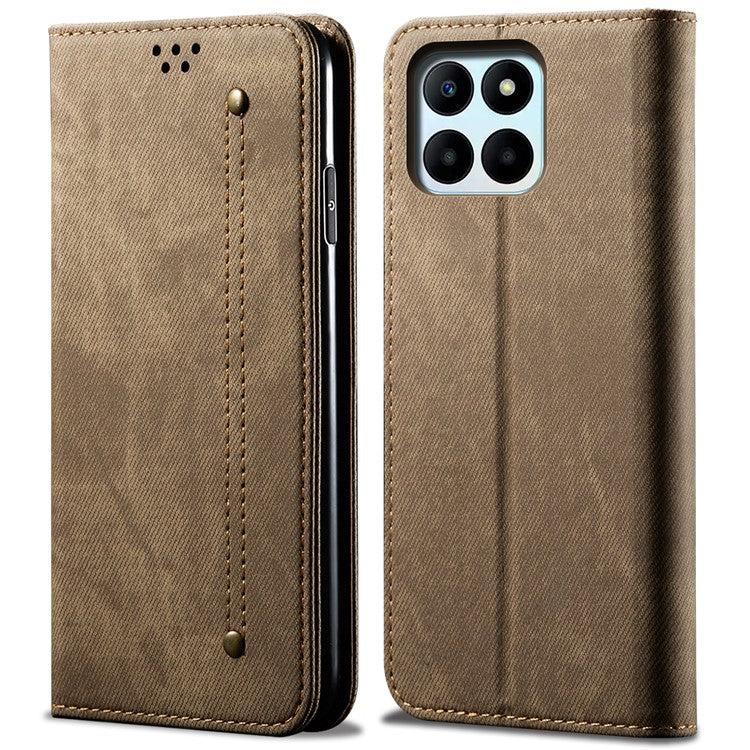 Wallet Case for Honor X8 5G / X6 4G / X6s 4G / 70 Lite 5G / Play 30M Jeans Cloth Texture Stand Leather Phone Cover - Khaki