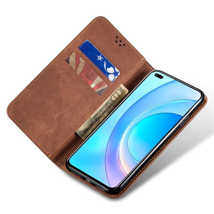 Wallet Case for Honor X8 5G / X6 4G / X6s 4G / 70 Lite 5G / Play 30M Jeans Cloth Texture Stand Leather Phone Cover - Coffee