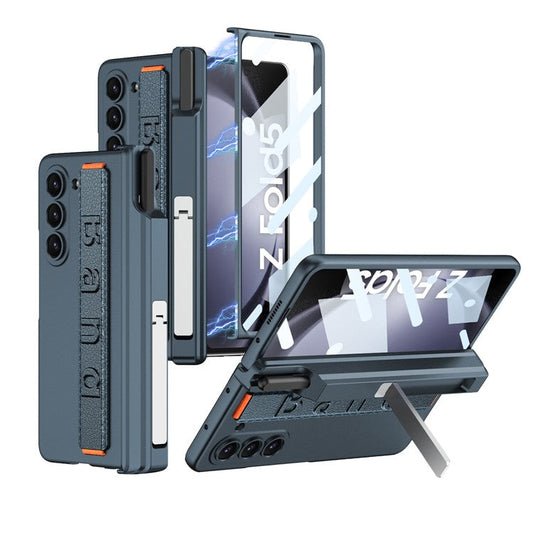 GKK For Samsung Galaxy Z Fold5 5G Case Pen Holder Wrist Strap PC Phone Cover with Front Screen Film - Green