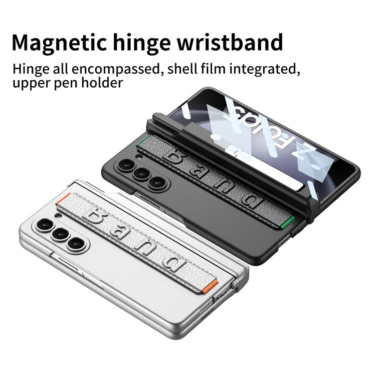 GKK For Samsung Galaxy Z Fold5 5G Case Pen Holder Wrist Strap PC Phone Cover with Front Screen Film - Green