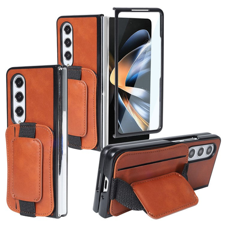 For Samsung Galaxy Z Fold4 5G Case PU Leather+PC Card Slot Kickstand Phone Cover - Brown