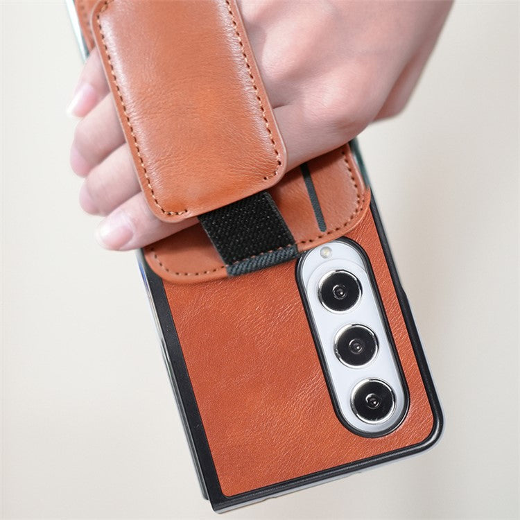 For Samsung Galaxy Z Fold4 5G Case PU Leather+PC Card Slot Kickstand Phone Cover - Brown
