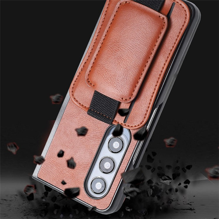 For Samsung Galaxy Z Fold4 5G Case PU Leather+PC Card Slot Kickstand Phone Cover - Brown