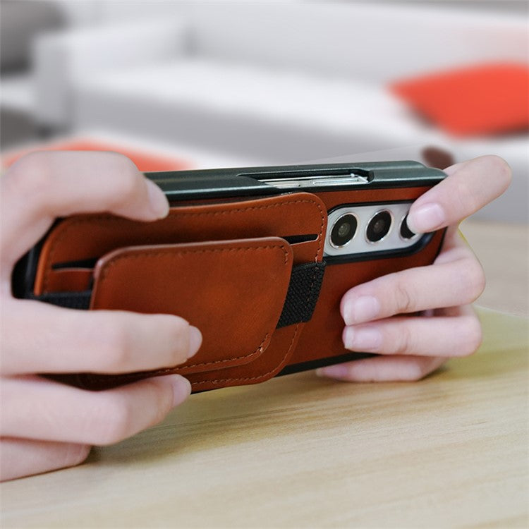 For Samsung Galaxy Z Fold4 5G Case PU Leather+PC Card Slot Kickstand Phone Cover - Brown