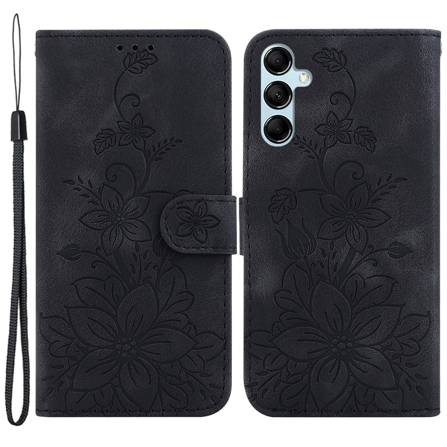 For Samsung Galaxy M34 5G / F34 5G Leather Wallet Case Stand Imprinted Lily Flower Phone Cover - Black