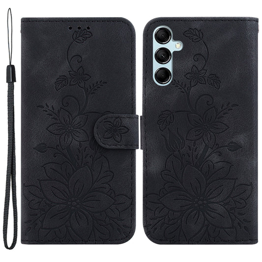 For Samsung Galaxy M34 5G / F34 5G Leather Wallet Case Stand Imprinted Lily Flower Phone Cover - Black