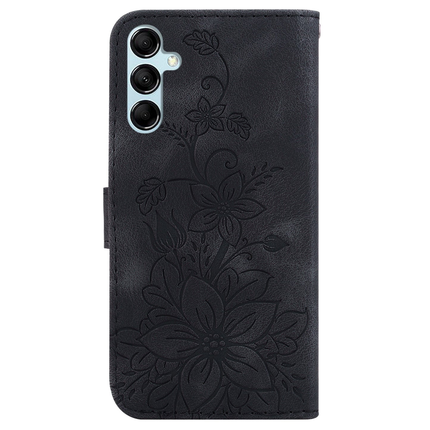 For Samsung Galaxy M34 5G / F34 5G Leather Wallet Case Stand Imprinted Lily Flower Phone Cover - Black