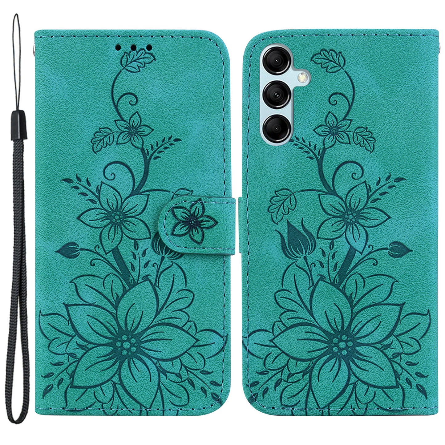For Samsung Galaxy M34 5G / F34 5G Leather Wallet Case Stand Imprinted Lily Flower Phone Cover - Green