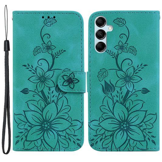 For Samsung Galaxy M34 5G / F34 5G Leather Wallet Case Stand Imprinted Lily Flower Phone Cover - Green