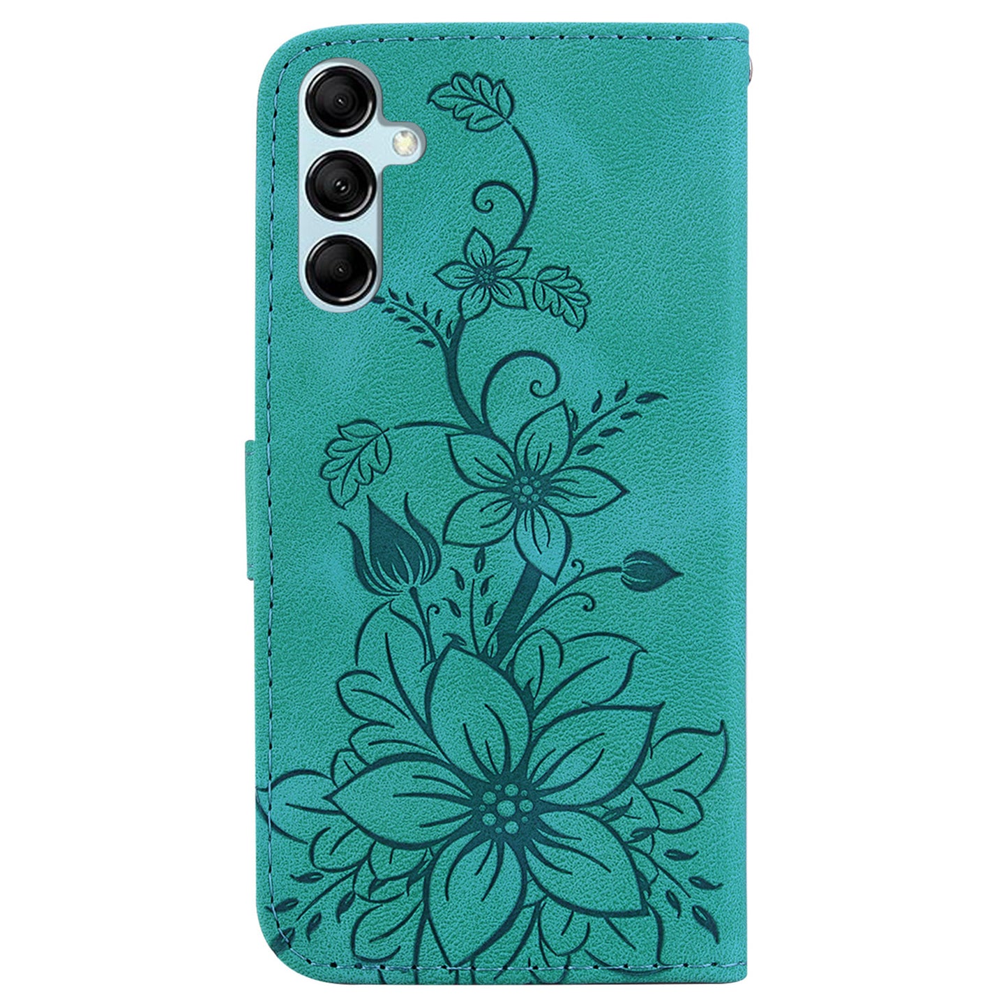 For Samsung Galaxy M34 5G / F34 5G Leather Wallet Case Stand Imprinted Lily Flower Phone Cover - Green