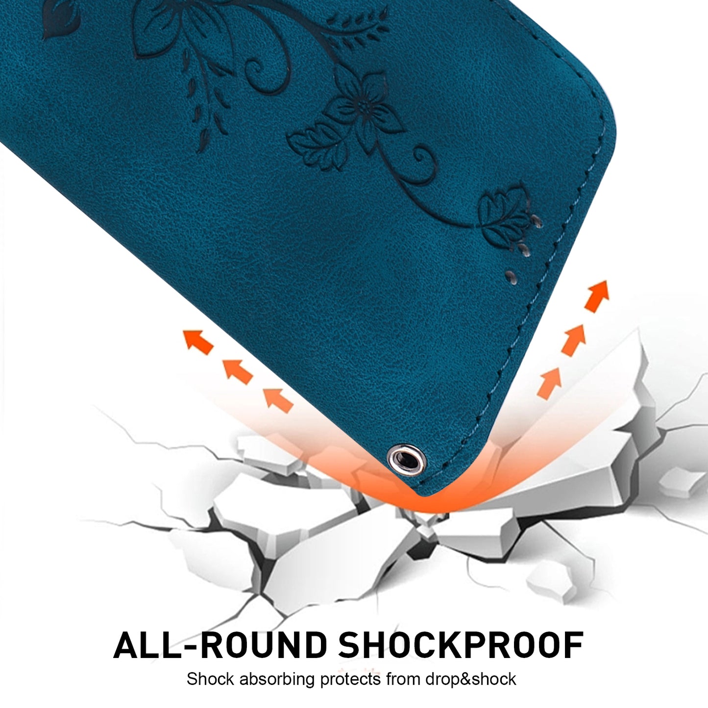 For Samsung Galaxy M34 5G / F34 5G Leather Wallet Case Stand Imprinted Lily Flower Phone Cover - Dark Blue