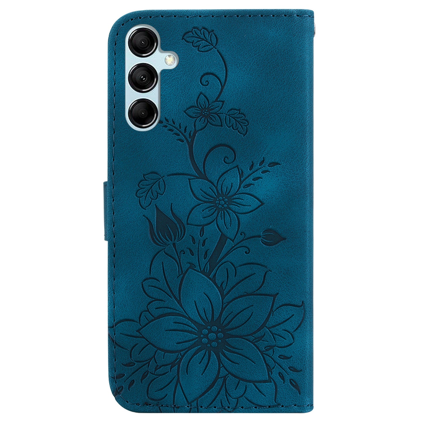 For Samsung Galaxy M34 5G / F34 5G Leather Wallet Case Stand Imprinted Lily Flower Phone Cover - Dark Blue