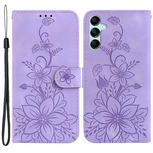 For Samsung Galaxy M34 5G / F34 5G Leather Wallet Case Stand Imprinted Lily Flower Phone Cover - Purple