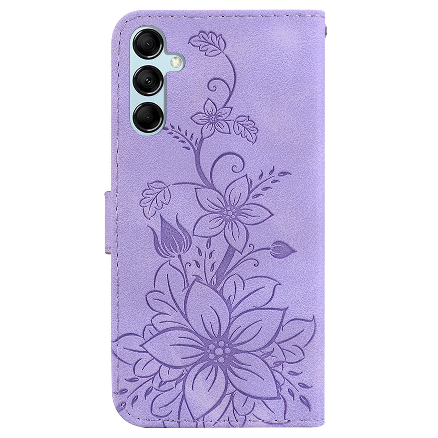For Samsung Galaxy M34 5G / F34 5G Leather Wallet Case Stand Imprinted Lily Flower Phone Cover - Purple