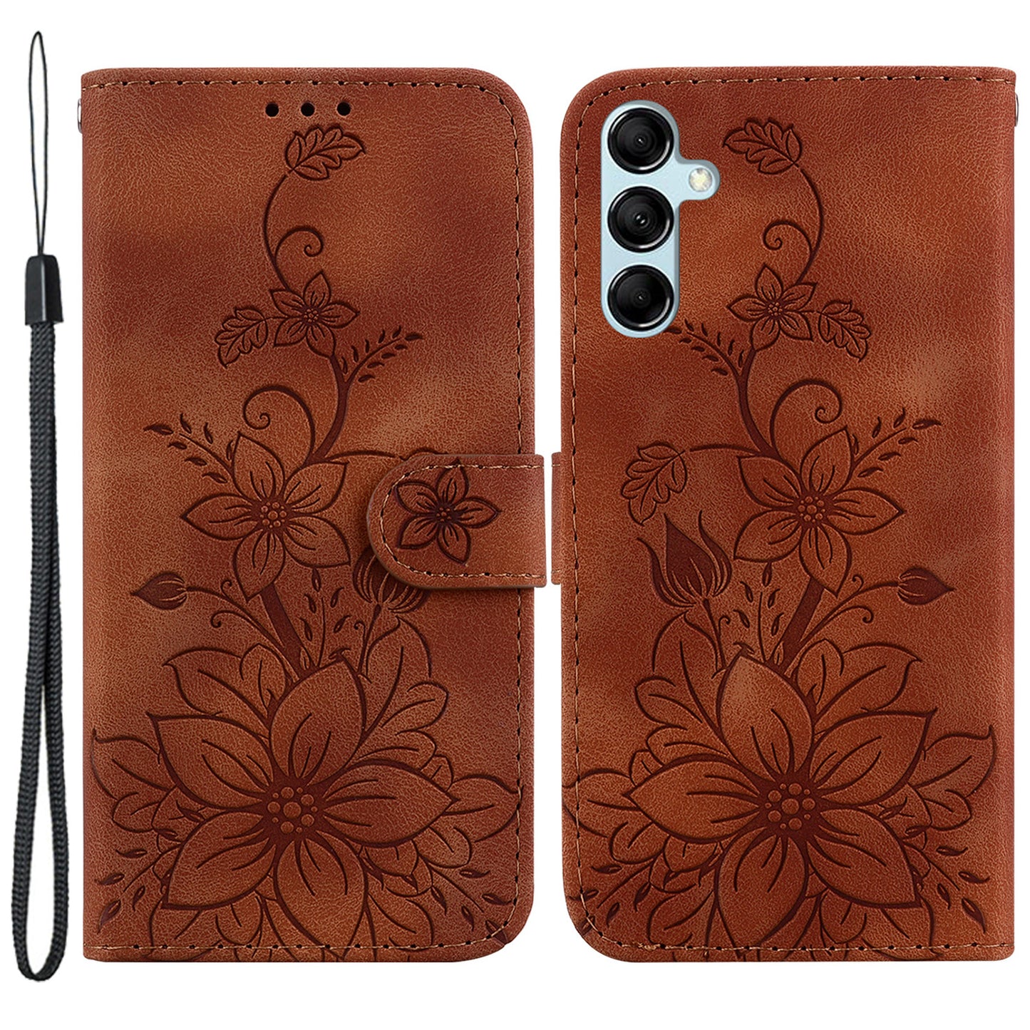For Samsung Galaxy M34 5G / F34 5G Leather Wallet Case Stand Imprinted Lily Flower Phone Cover - Brown