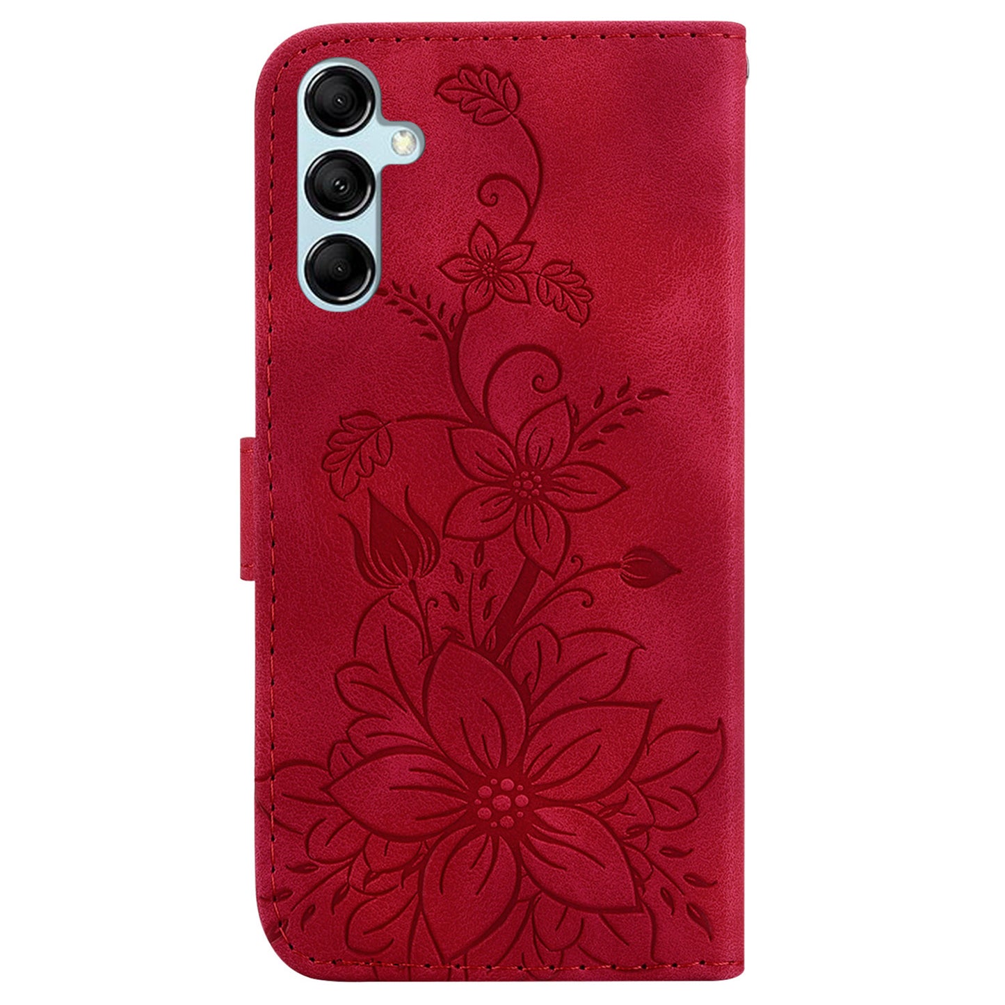 For Samsung Galaxy M34 5G / F34 5G Leather Wallet Case Stand Imprinted Lily Flower Phone Cover - Red
